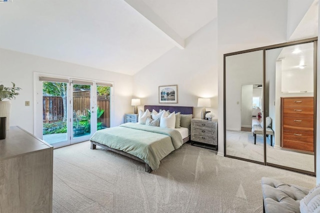 carpeted bedroom with beam ceiling, access to outside, high vaulted ceiling, and french doors