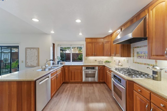 kitchen with appliances with stainless steel finishes, range hood, sink, and light stone countertops