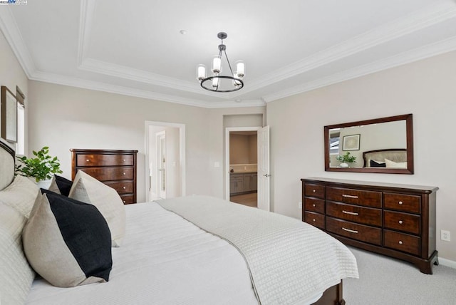 bedroom with light carpet, crown molding, and a chandelier