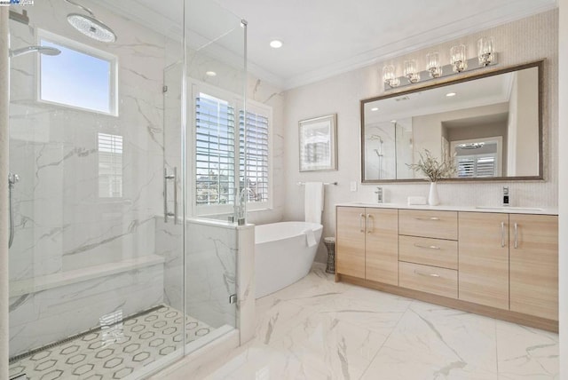 bathroom featuring vanity, ornamental molding, and shower with separate bathtub