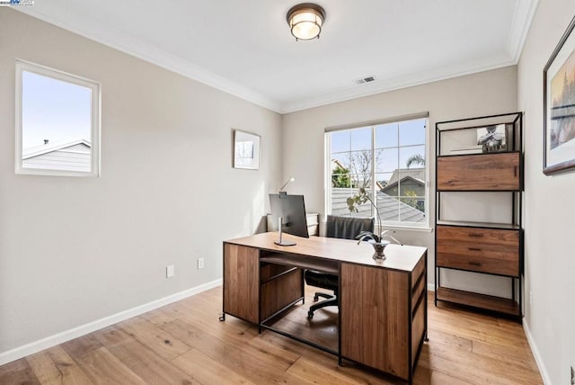 office area featuring crown molding and light hardwood / wood-style floors