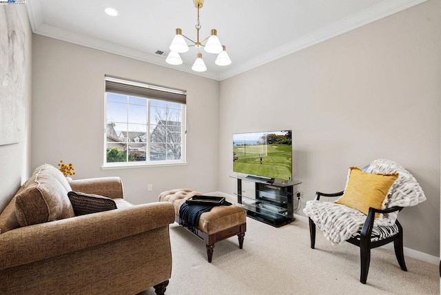 sitting room featuring ornamental molding, carpet flooring, and a chandelier