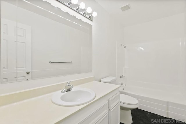 full bathroom featuring shower / washtub combination, toilet, and vanity