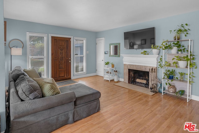 living room with hardwood / wood-style flooring and a tile fireplace