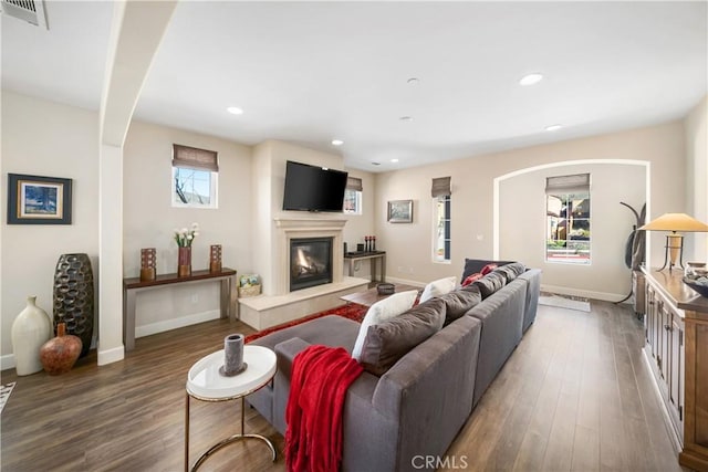 living room with dark hardwood / wood-style flooring