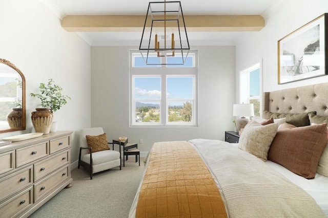 bedroom with an inviting chandelier, ornamental molding, light colored carpet, and beamed ceiling