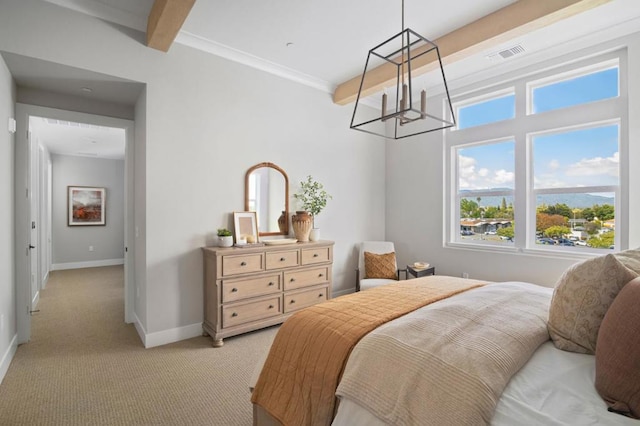 bedroom featuring a chandelier, light carpet, and beam ceiling