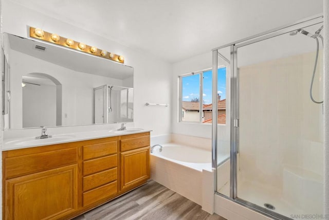 bathroom with hardwood / wood-style flooring, plus walk in shower, and vanity