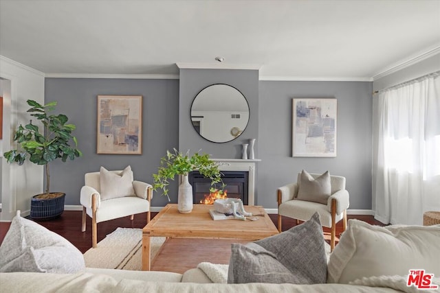 living room featuring wood-type flooring and crown molding