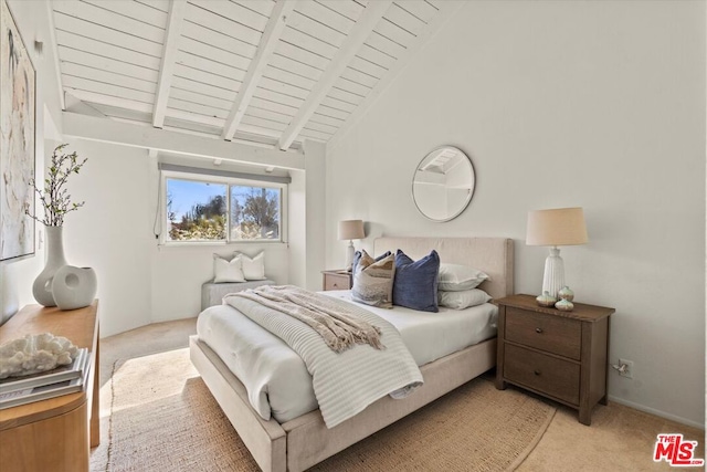 bedroom featuring beamed ceiling, high vaulted ceiling, light carpet, and wooden ceiling