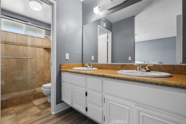 bathroom with vanity, toilet, and a tile shower