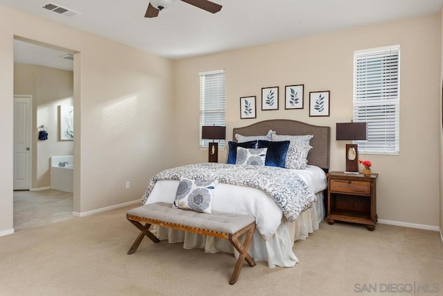 bedroom with light colored carpet and ceiling fan