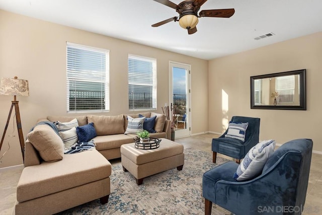 living room with ceiling fan