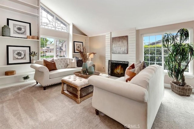 26481 Montebello Pl, Mission Viejo, CA 92691 - carpeted living room featuring a healthy amount of sunlight, a fireplace, and lofted ceiling