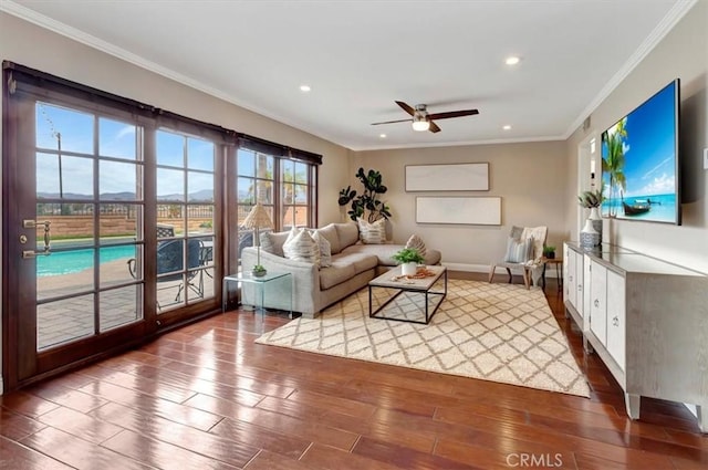 26481 Montebello Pl, Mission Viejo, CA 92691 - living room featuring crown molding, wood-type flooring, a ceiling fan, and recessed lighting