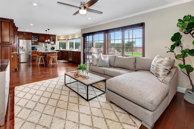 26481 Montebello Pl, Mission Viejo, CA 92691 - living room featuring crown molding, recessed lighting, ceiling fan, and wood finished floors