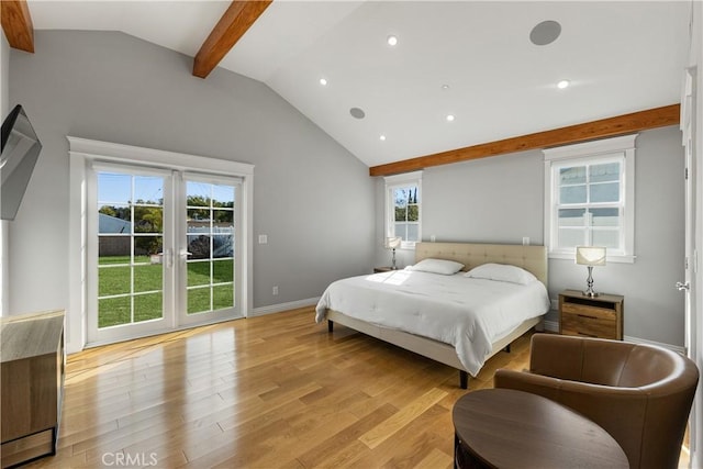 bedroom with access to outside, lofted ceiling with beams, and light wood-type flooring