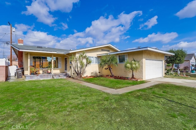 ranch-style home with a garage, a porch, and a front lawn