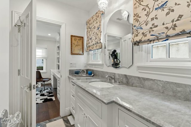 bathroom with vanity and wood-type flooring