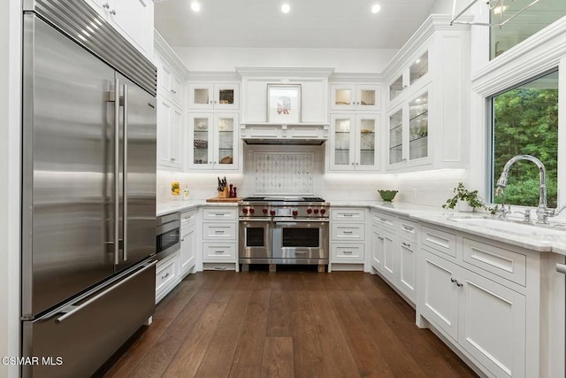 kitchen with dark wood-type flooring, sink, built in appliances, light stone countertops, and white cabinets