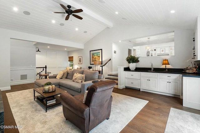 living room with wet bar, lofted ceiling with beams, dark hardwood / wood-style floors, and wooden ceiling