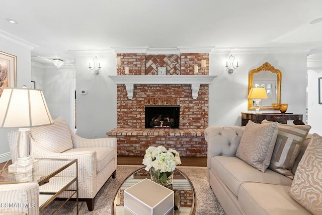 living room featuring crown molding and a fireplace