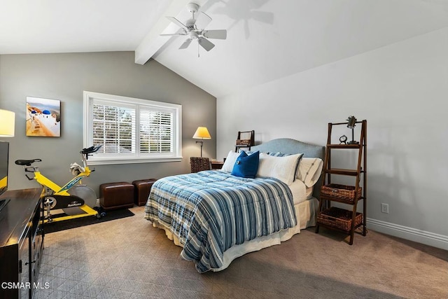 bedroom with vaulted ceiling with beams, ceiling fan, and carpet