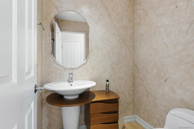 bathroom featuring wood-type flooring, toilet, and sink