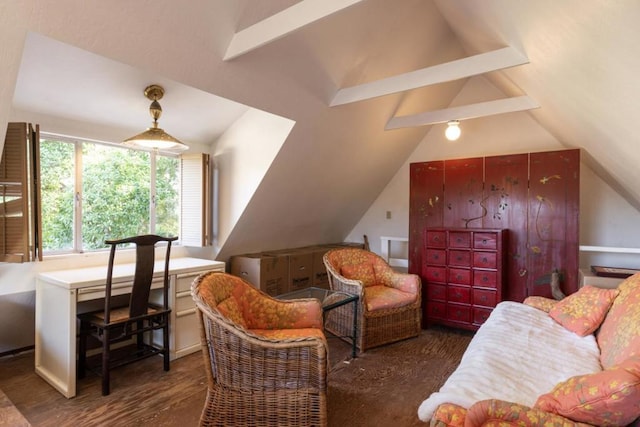 interior space featuring dark hardwood / wood-style floors and vaulted ceiling with beams