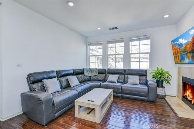 living room featuring dark wood-type flooring and a fireplace