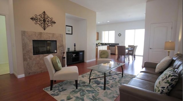 living room with a premium fireplace and dark hardwood / wood-style floors