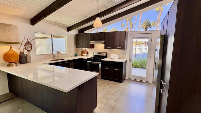 kitchen featuring pendant lighting, sink, lofted ceiling with beams, stainless steel range with gas cooktop, and kitchen peninsula