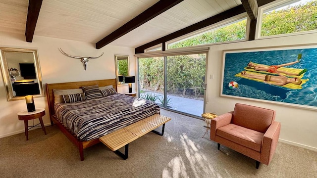 bedroom with access to exterior, lofted ceiling with beams, and wooden ceiling