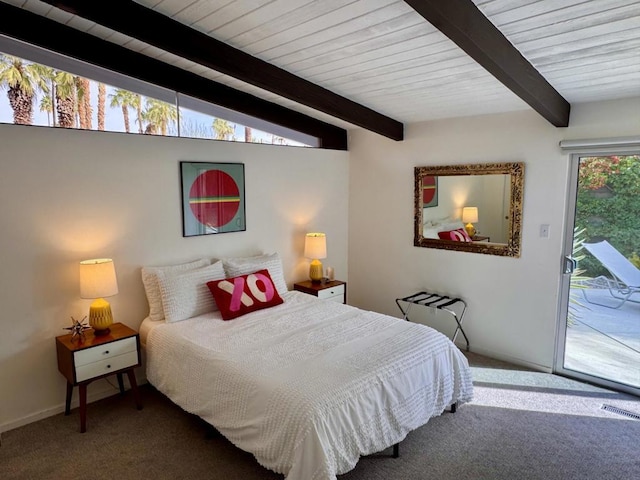 carpeted bedroom with vaulted ceiling with beams and access to outside