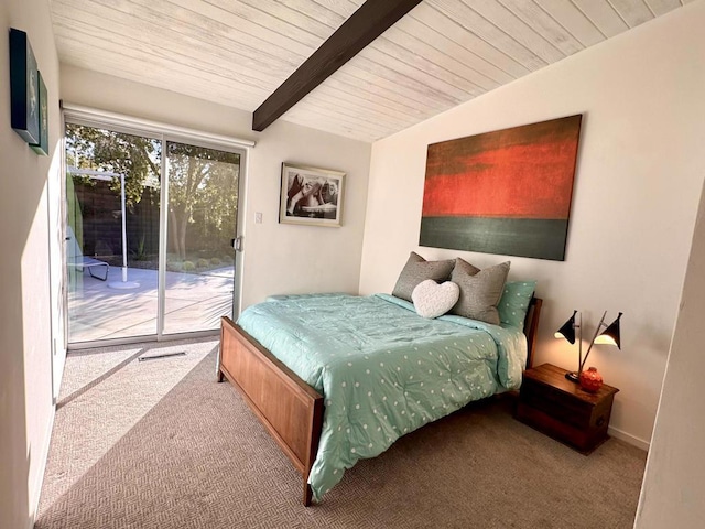 carpeted bedroom featuring lofted ceiling with beams, access to outside, and wooden ceiling