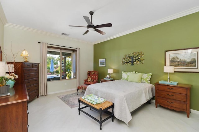 bedroom featuring ornamental molding and ceiling fan