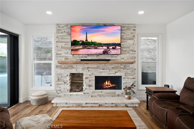 living room with hardwood / wood-style floors and a stone fireplace