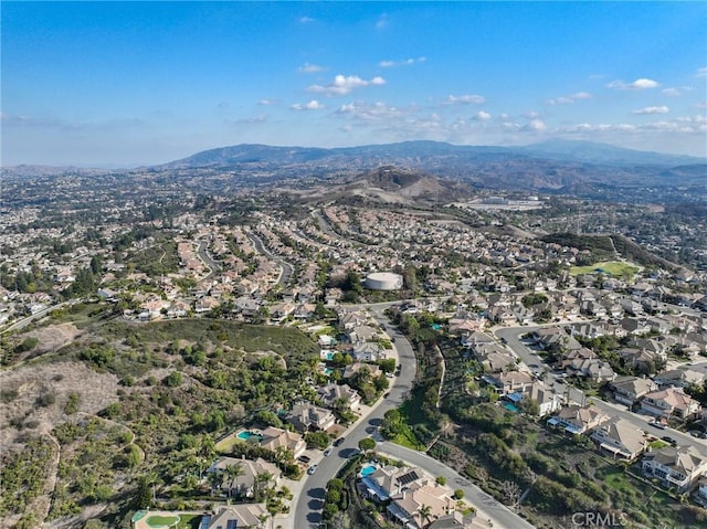 drone / aerial view featuring a mountain view