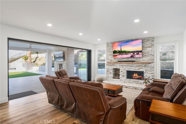 living room featuring a healthy amount of sunlight, a fireplace, and light hardwood / wood-style floors