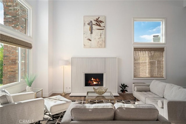 living room featuring wood-type flooring, a healthy amount of sunlight, and a high ceiling