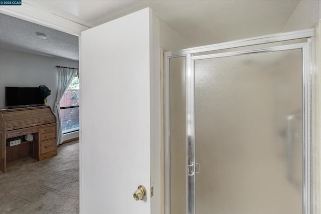 bathroom with a shower with door and a textured ceiling