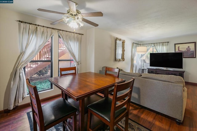 dining room featuring dark wood-type flooring and ceiling fan