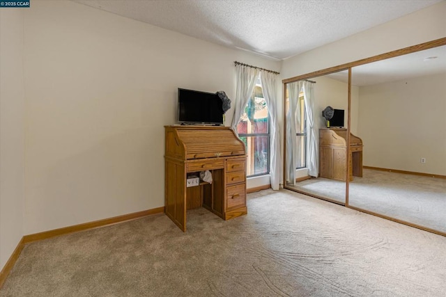 office space with light colored carpet and a textured ceiling