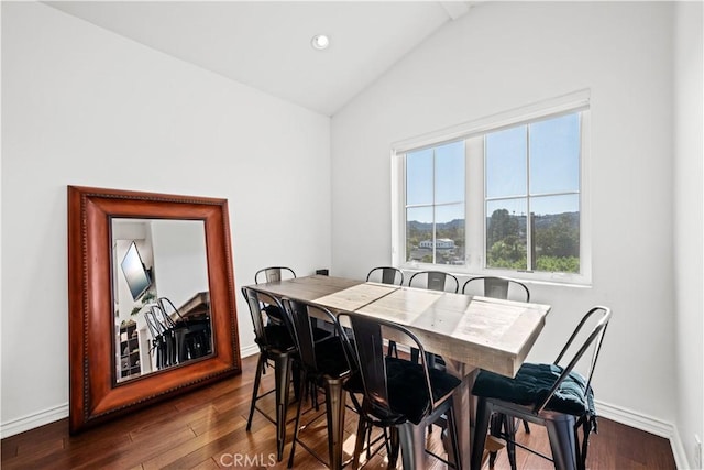 dining area featuring lofted ceiling and dark hardwood / wood-style floors