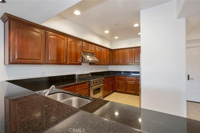12449 Kling St Unit Ph2, Studio City, CA 91604 - kitchen with high end range, under cabinet range hood, a sink, dark stone countertops, and recessed lighting