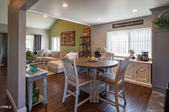 dining space featuring lofted ceiling, plenty of natural light, and dark hardwood / wood-style flooring