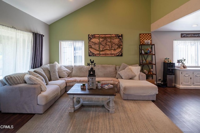 living room with dark hardwood / wood-style flooring and high vaulted ceiling