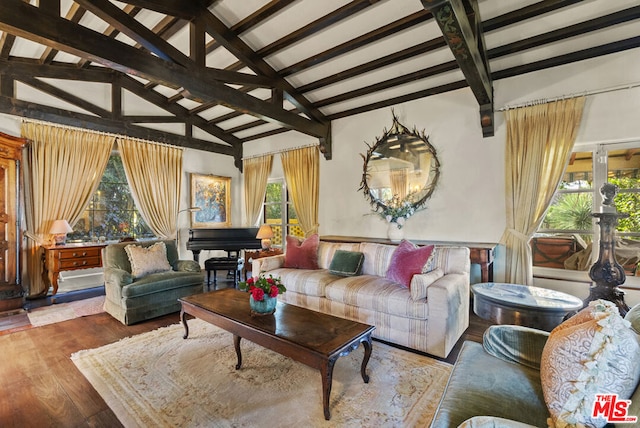 living room with vaulted ceiling with beams and wood-type flooring