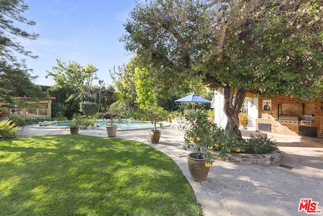 view of home's community featuring a swimming pool, a patio area, a lawn, and an outdoor kitchen