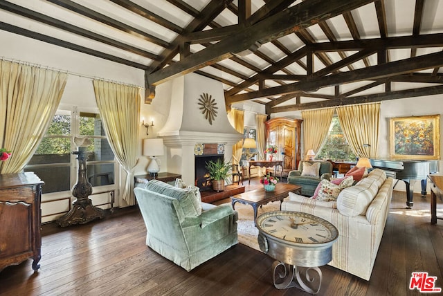 living room with beamed ceiling, high vaulted ceiling, dark wood-type flooring, and baseboard heating